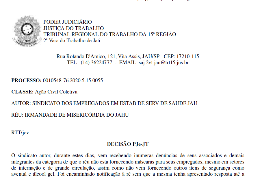 Sindicato obtém liminar que obriga Santa Casa a fornecer máscara, luva e álcool gel aos funcionários